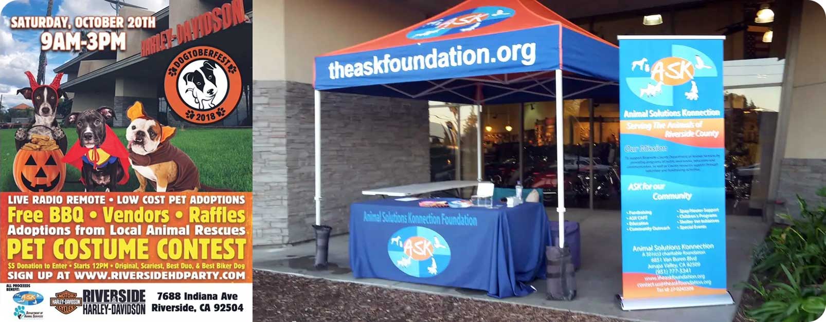 A flyer for Dogtoberfest and the ASK booth set up for the event.
